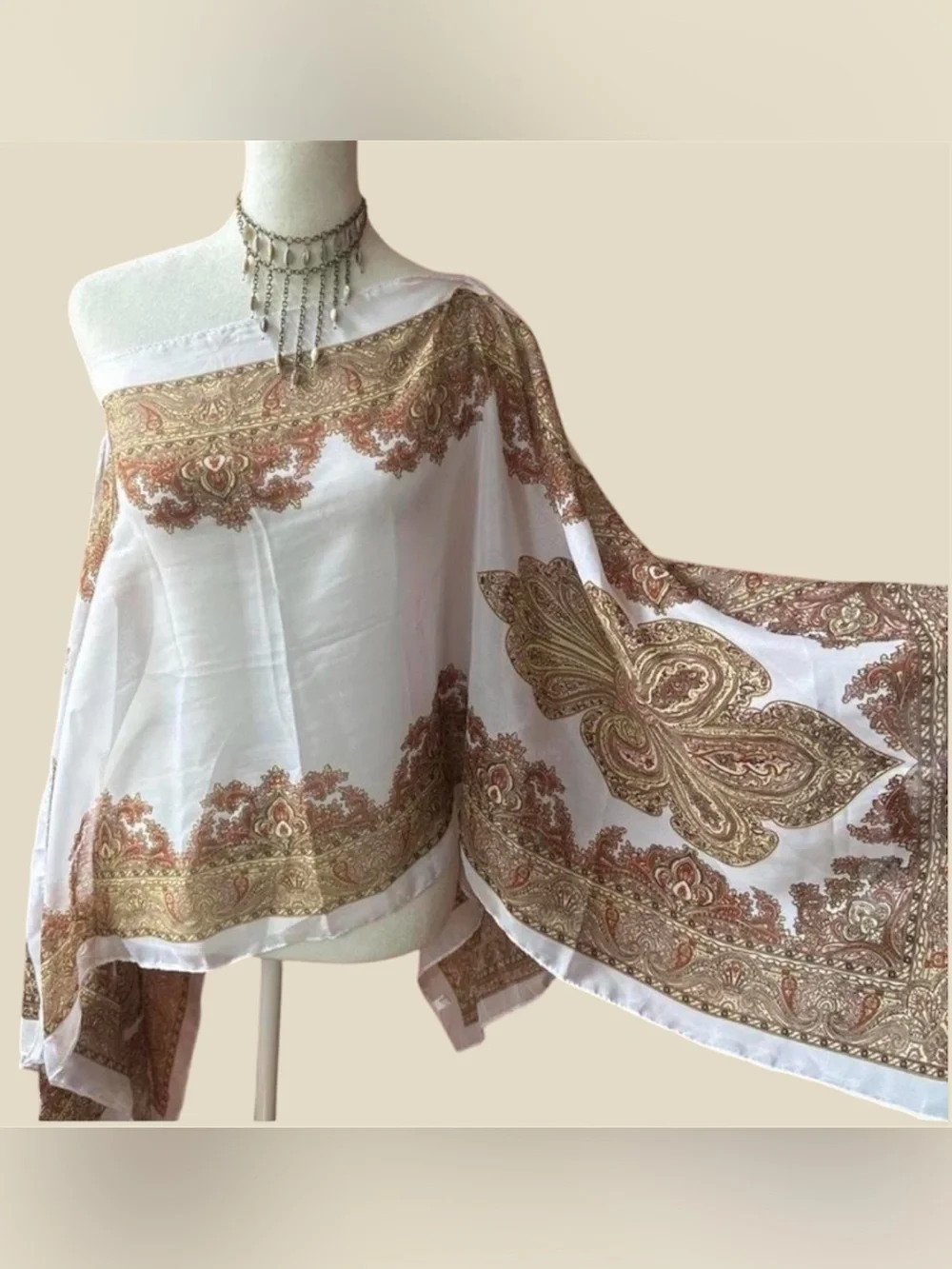 Off Shoulder Boho Poncho w/ Pearls White & Gold Festival Flowy Fairy One Size